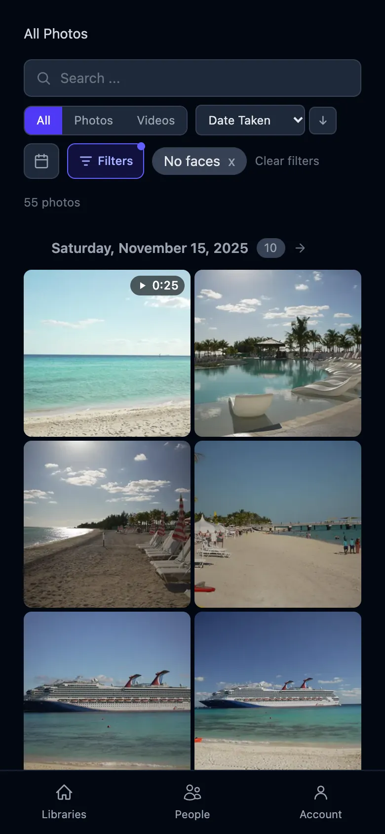 Lumiverb on a phone: a library's photos in a grid, with search and filters above.