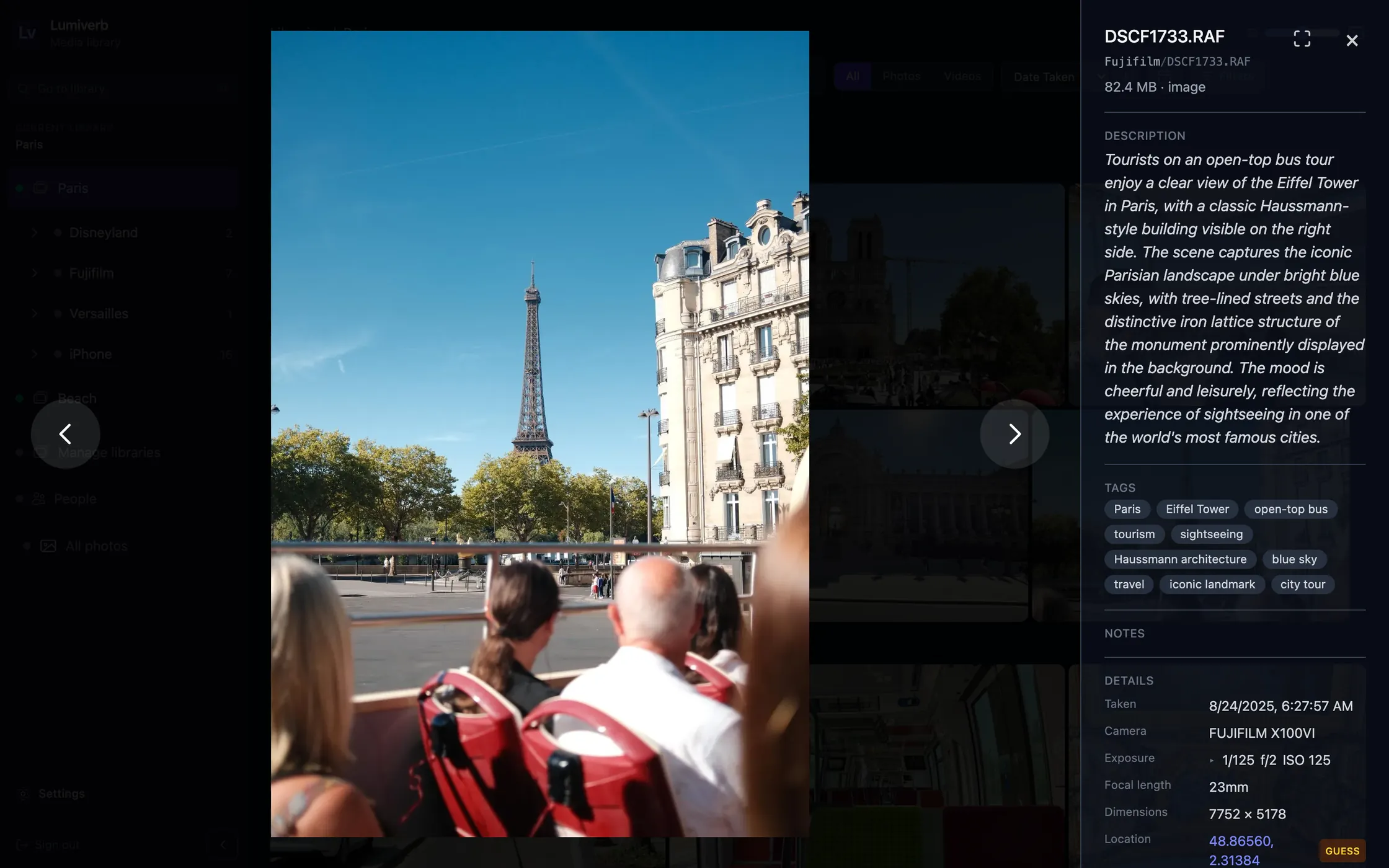 A photo of the Eiffel Tower from an open-top bus, open in Lumiverb beside its description, tags, camera, exposure and location.