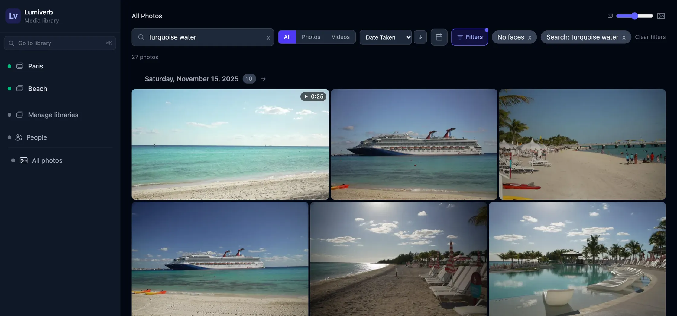 Lumiverb's web app: a search for “turquoise water” finds beach photos, a cruise ship and a video in a library.